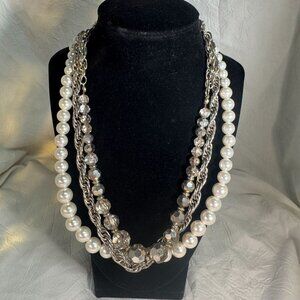 Lani Layered Statement Necklace With Faux Pearls & Faceted Silver Beads